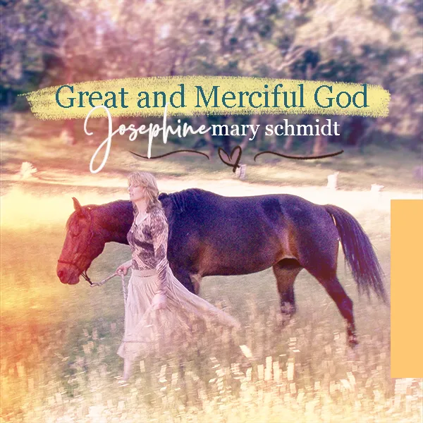 Artwork for Great and Merciful God by Josephine Mary Schmidt: photo of artist leading a horse on her property before saved.